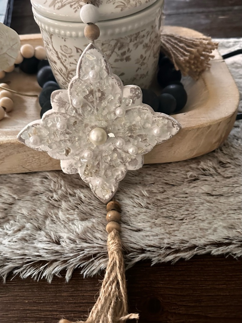 Hand crafted Beaded White Floral hanging Ornament with Tassel